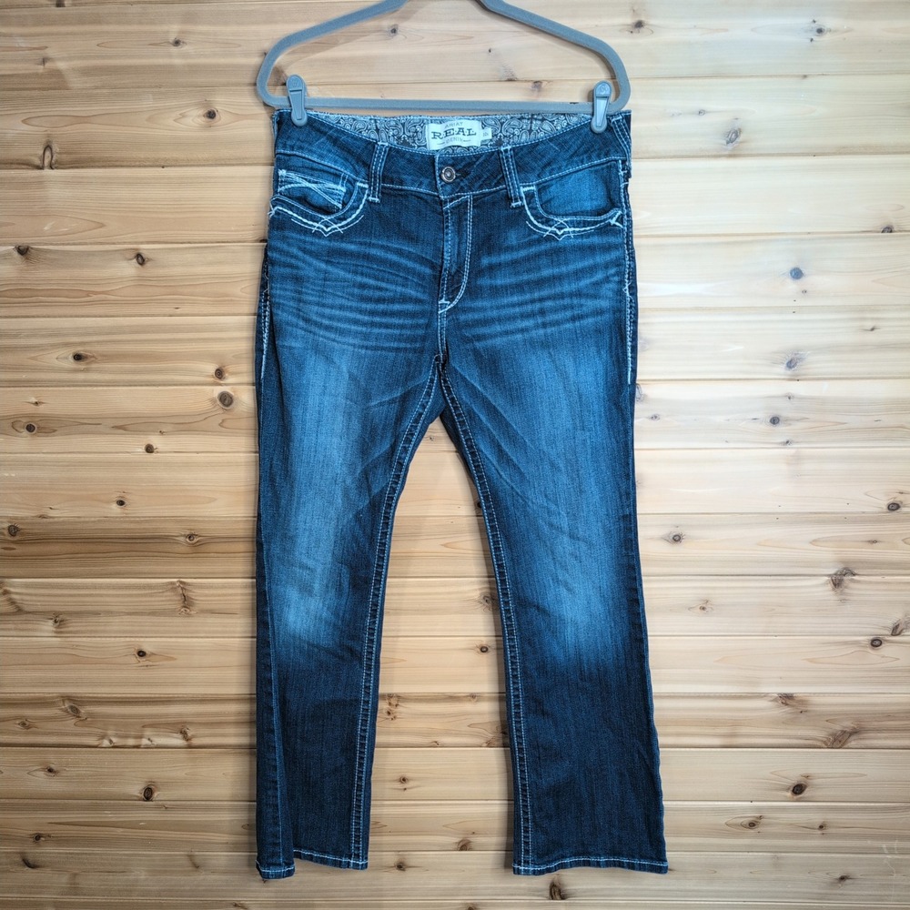 Ariat REAL Mid Rise Bootcut Jeans 32S Dark Wash Thick Stitch Embroidery